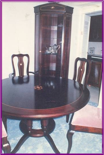 Mahogany dining suite, round table, 6 chairs and 6ft 6 with bevelled glass corner unit
with boxwood and flower inlays